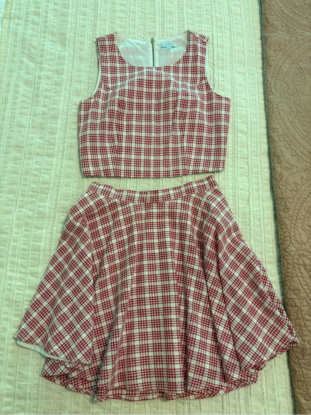 Vintage Red & White Plaid Two-Piece Crop Top + Skirt Set